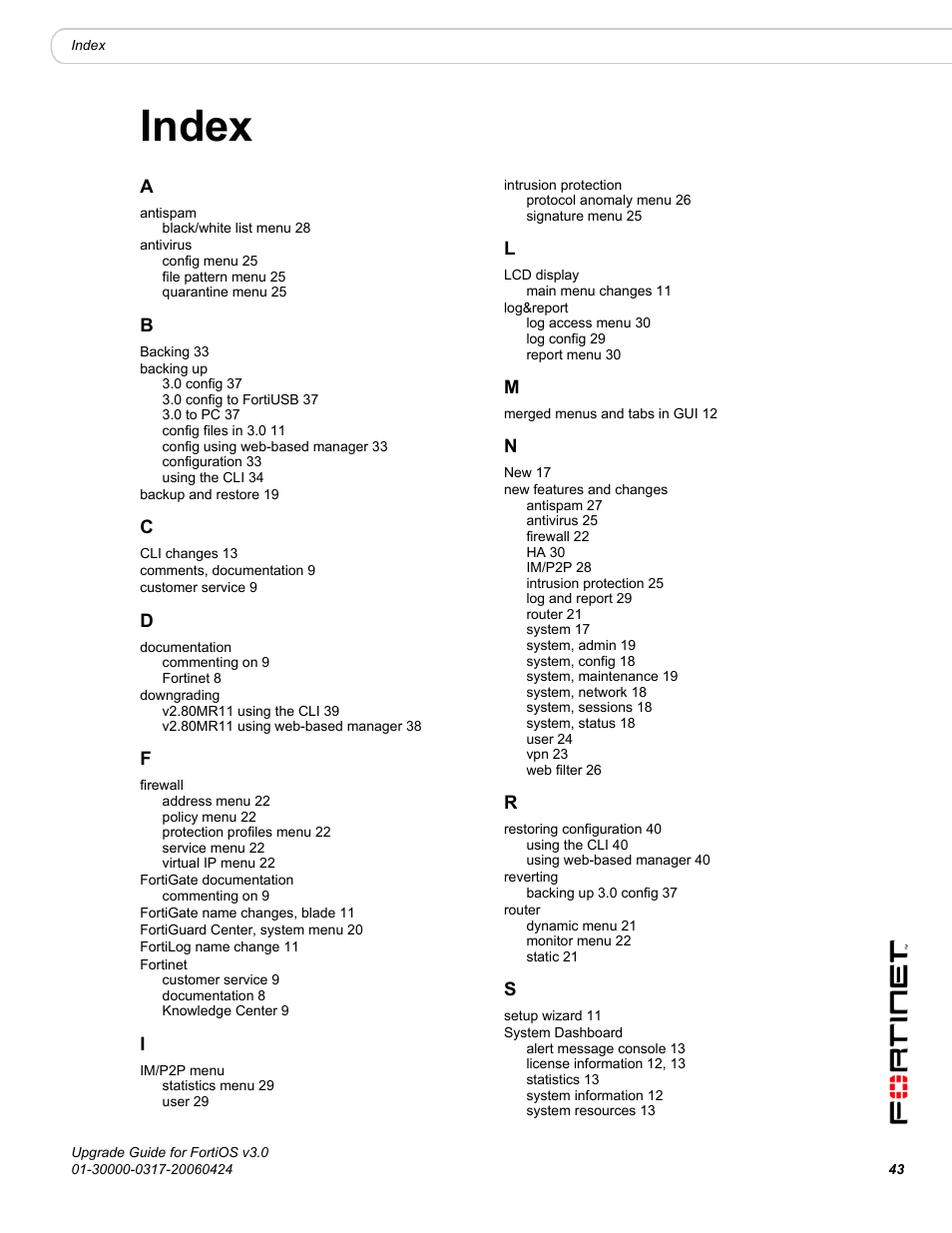 Index | Fortinet FortiOS 3.0 User Manual | Page 43 / 46