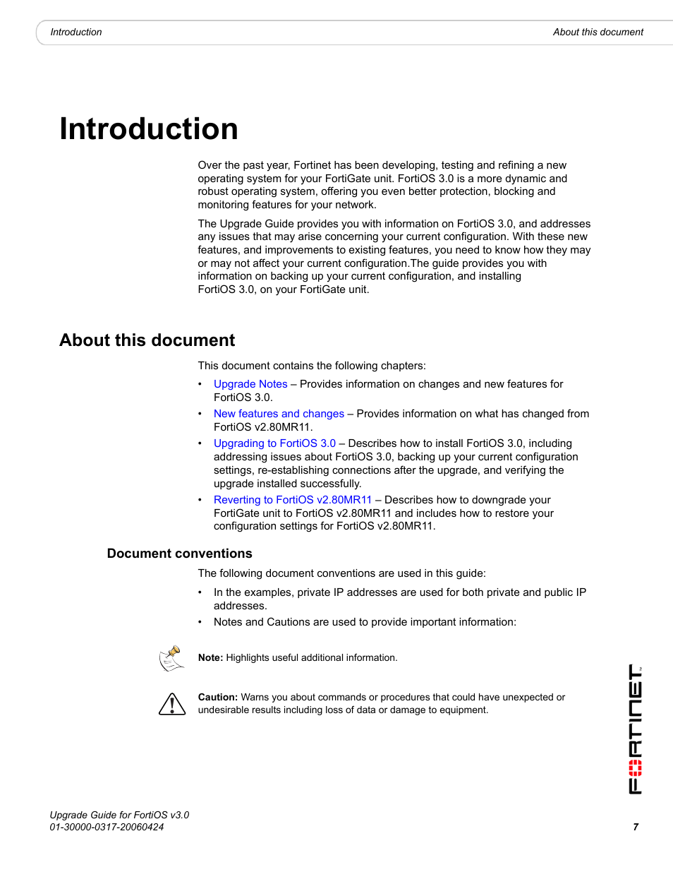 Introduction, About this document, Document conventions | Fortinet FortiOS 3.0 User Manual | Page 7 / 46