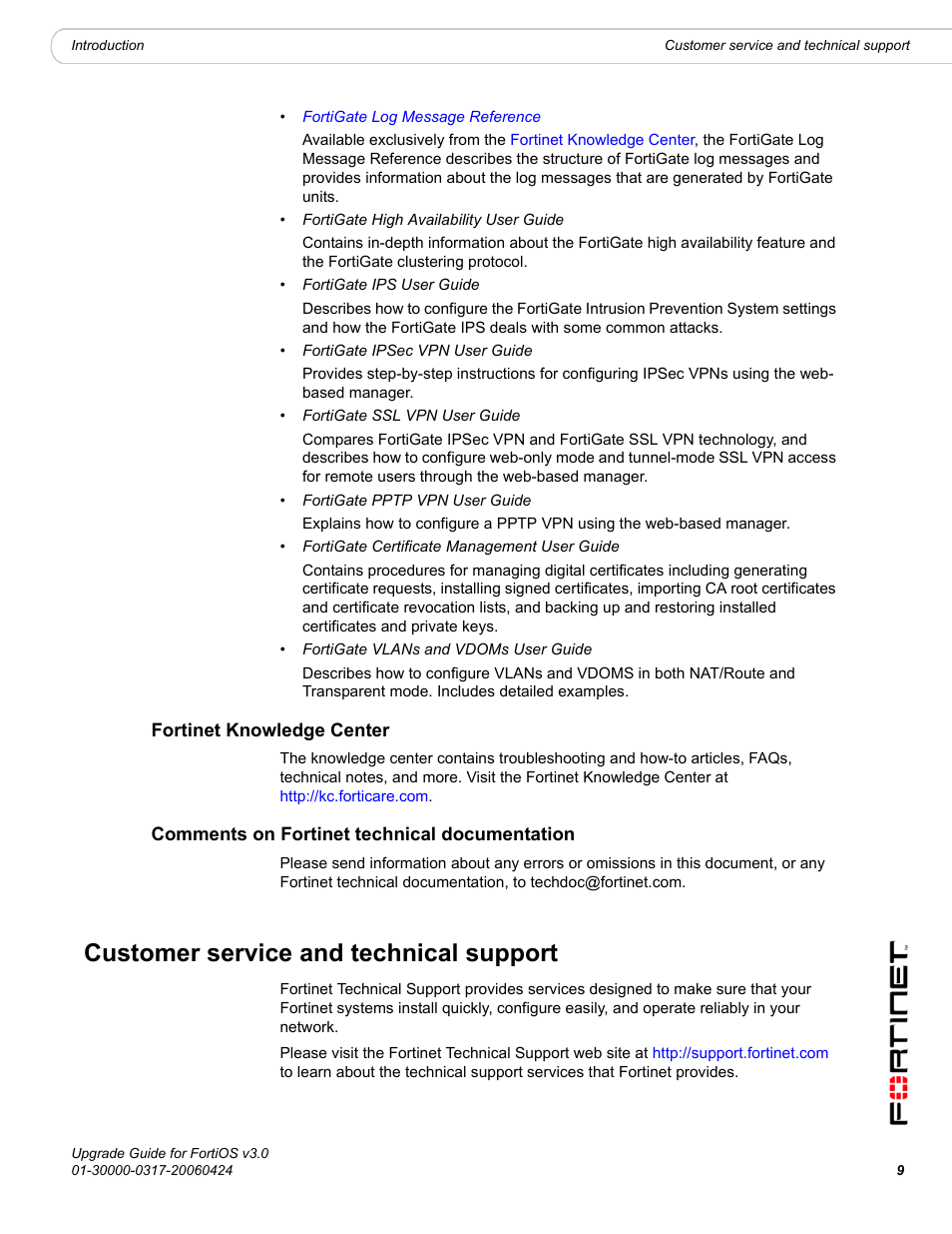 Fortinet knowledge center, Comments on fortinet technical documentation, Customer service and technical support | Fortinet FortiOS 3.0 User Manual | Page 9 / 46