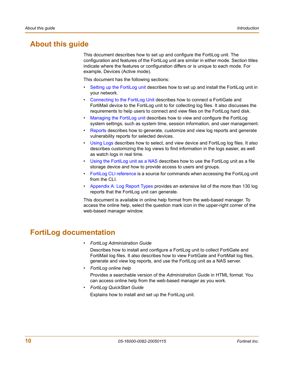 About this guide, Fortilog documentation, About this guide fortilog documentation | Fortinet FortiLog-400 User Manual | Page 10 / 124