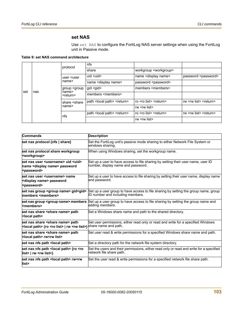 Set nas, 103 set nas | Fortinet FortiLog-400 User Manual | Page 103 / 124