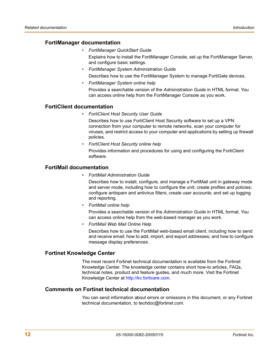 Fortimanager documentation, Forticlient documentation, Fortimail documentation | Fortinet knowledge center, Comments on fortinet technical documentation | Fortinet FortiLog-400 User Manual | Page 12 / 124