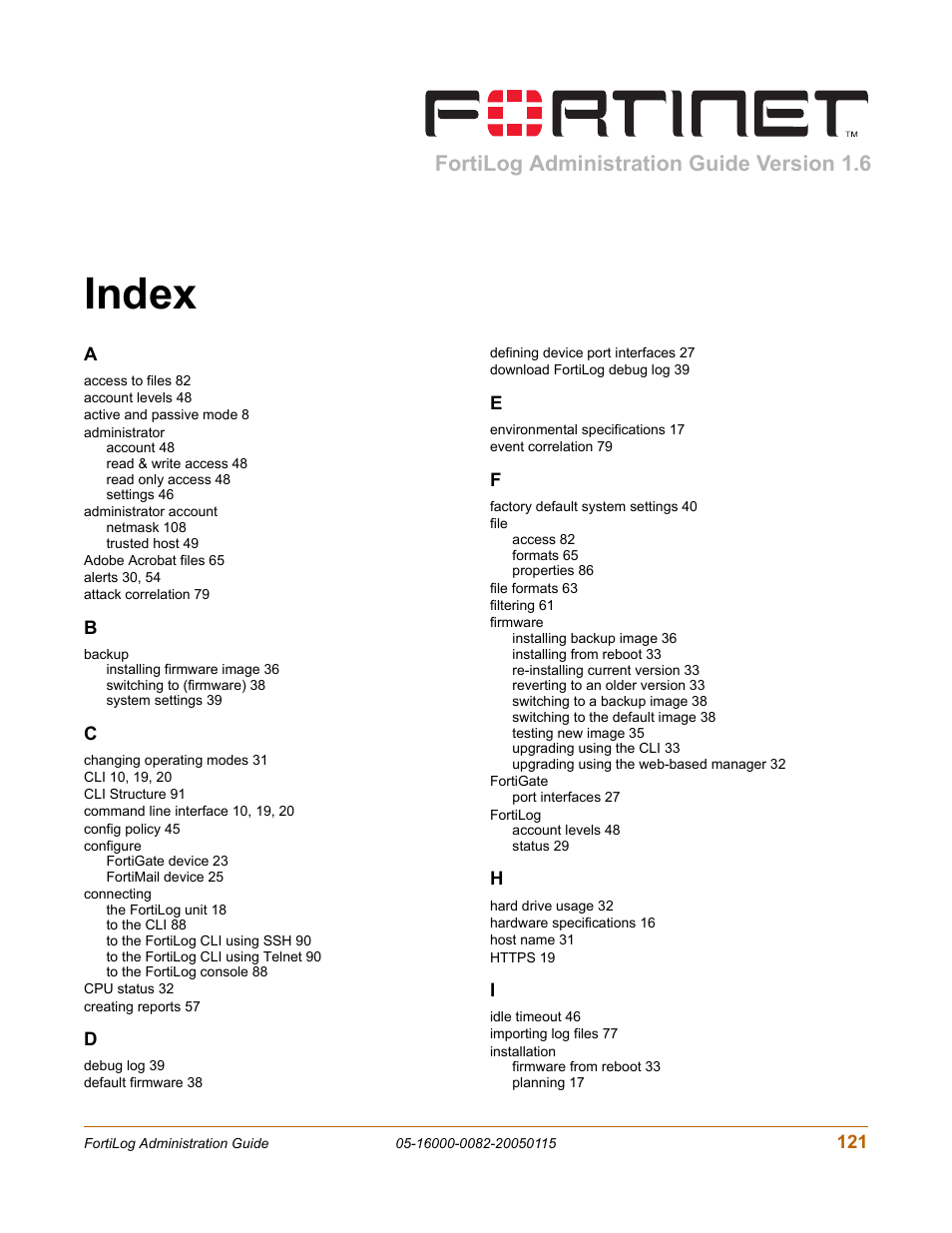 Index, Fortilog administration guide version 1.6 | Fortinet FortiLog-400 User Manual | Page 121 / 124