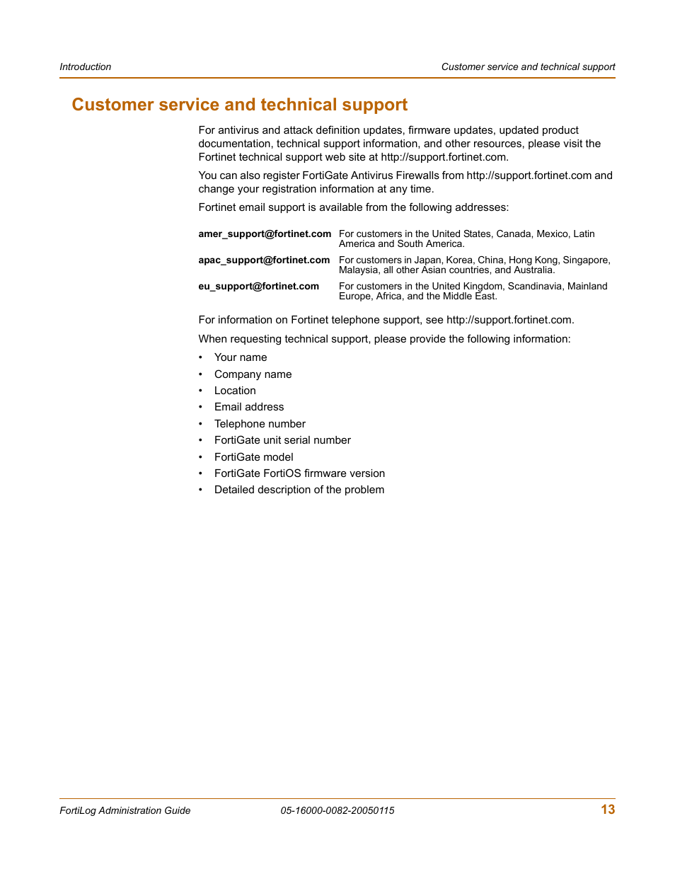 Customer service and technical support | Fortinet FortiLog-400 User Manual | Page 13 / 124