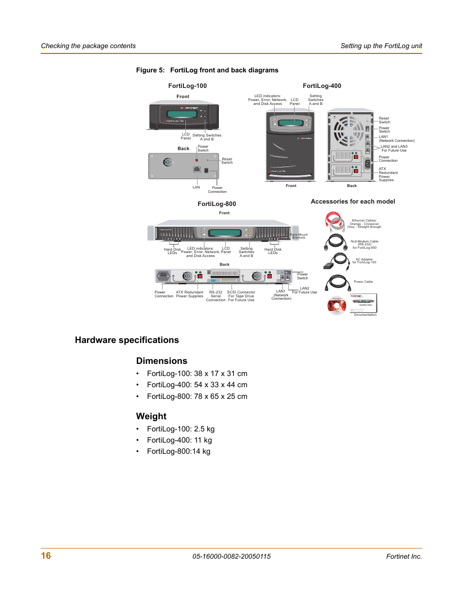 Hardware specifications, Dimensions, Weight | Dimensions weight, Hardware specifications dimensions, Fortilog-800 accessories for each model | Fortinet FortiLog-400 User Manual | Page 16 / 124