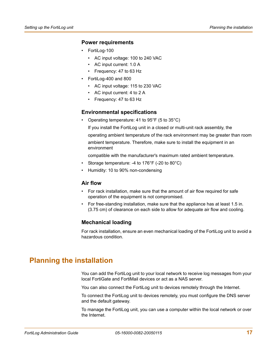 Power requirements, Environmental specifications, Air flow | Mechanical loading, Planning the installation | Fortinet FortiLog-400 User Manual | Page 17 / 124