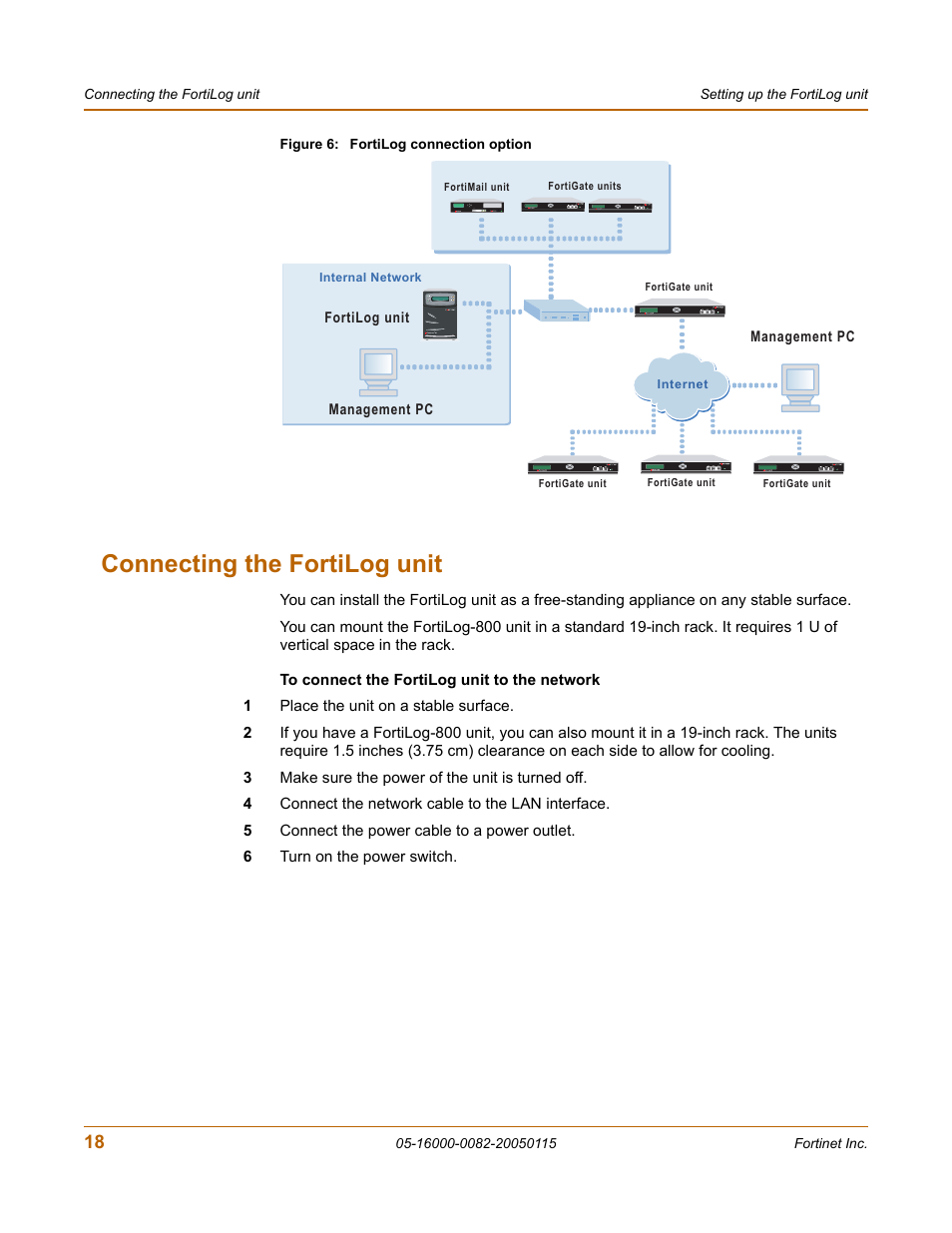 Connecting the fortilog unit | Fortinet FortiLog-400 User Manual | Page 18 / 124