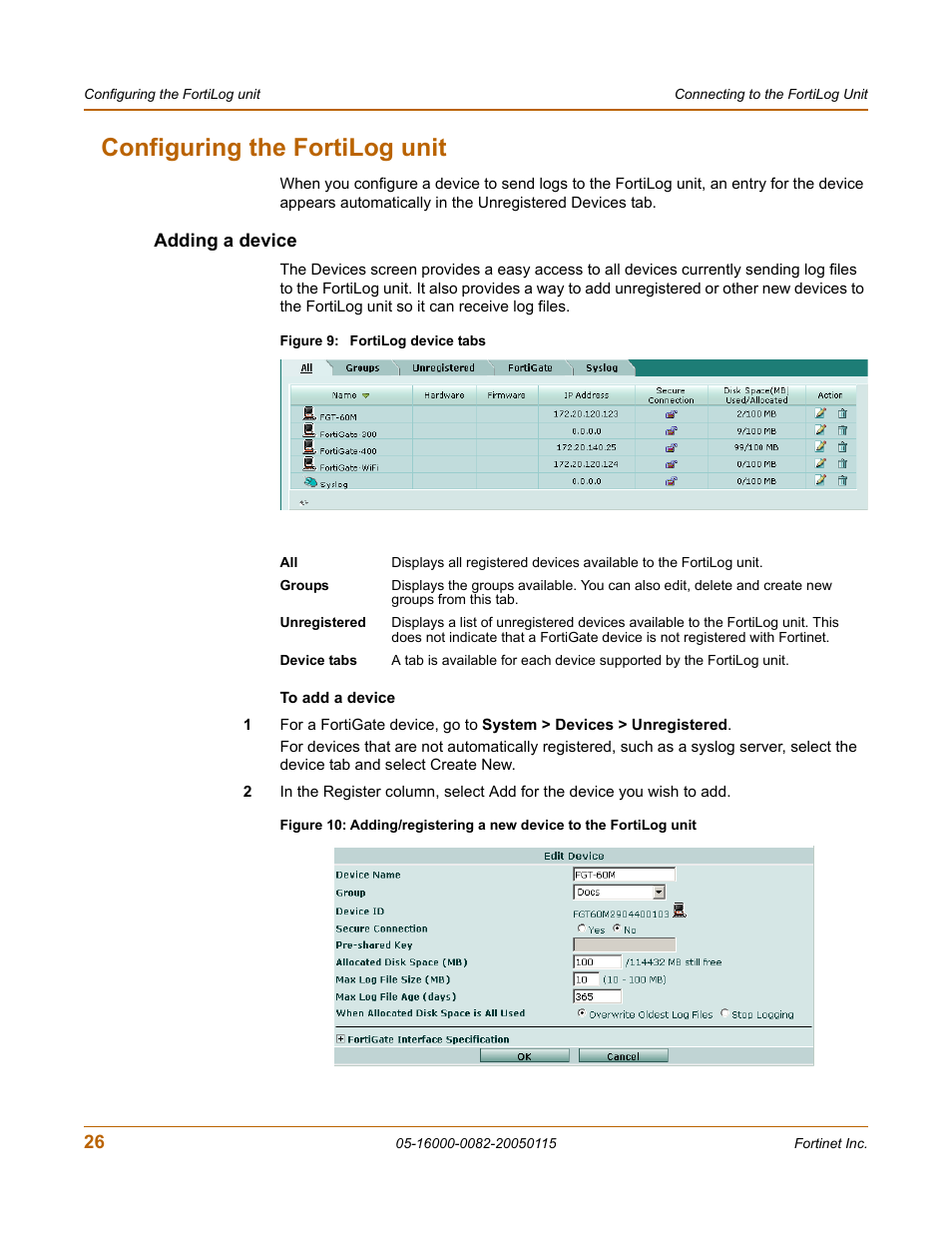 Configuring the fortilog unit, Adding a device | Fortinet FortiLog-400 User Manual | Page 26 / 124