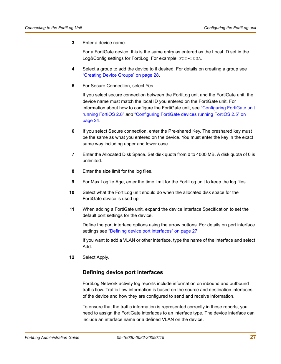 Defining device port interfaces | Fortinet FortiLog-400 User Manual | Page 27 / 124