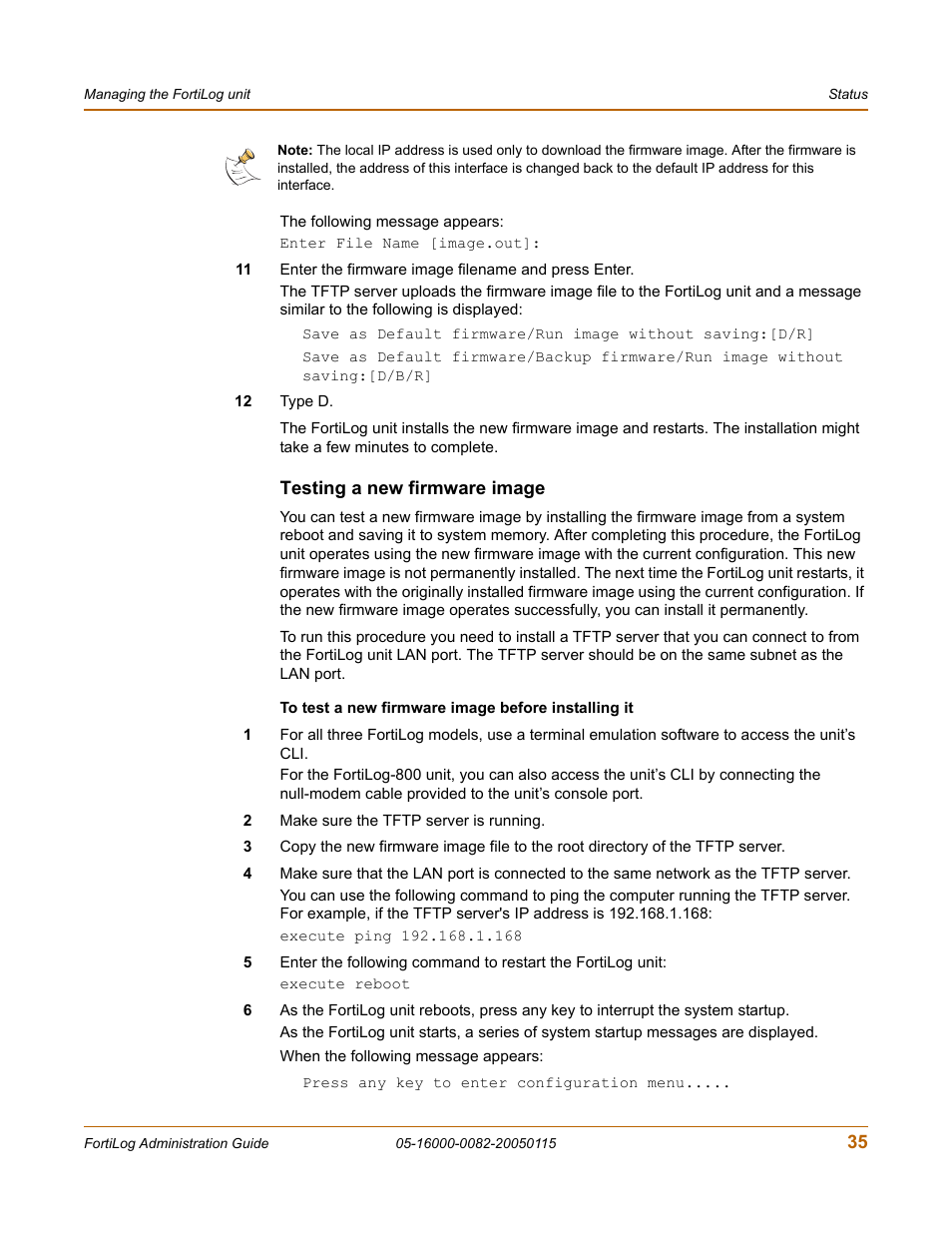 Testing a new firmware image | Fortinet FortiLog-400 User Manual | Page 35 / 124