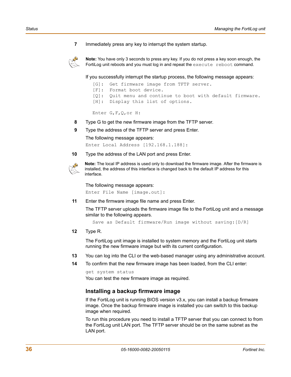 Installing a backup firmware image | Fortinet FortiLog-400 User Manual | Page 36 / 124