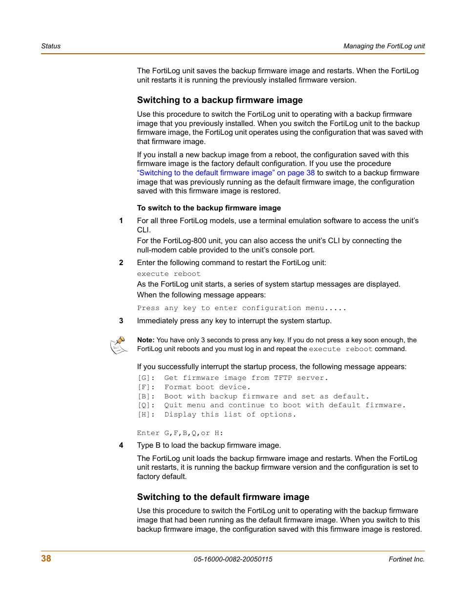 Switching to a backup firmware image, Switching to the default firmware image | Fortinet FortiLog-400 User Manual | Page 38 / 124