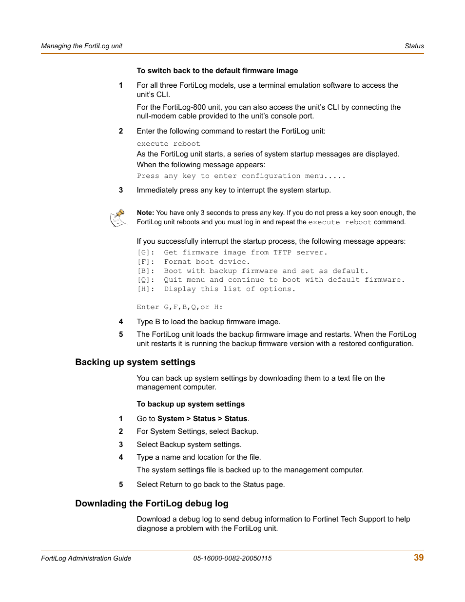 Backing up system settings, Downlading the fortilog debug log, Backing up system settings” on | Downlading the | Fortinet FortiLog-400 User Manual | Page 39 / 124