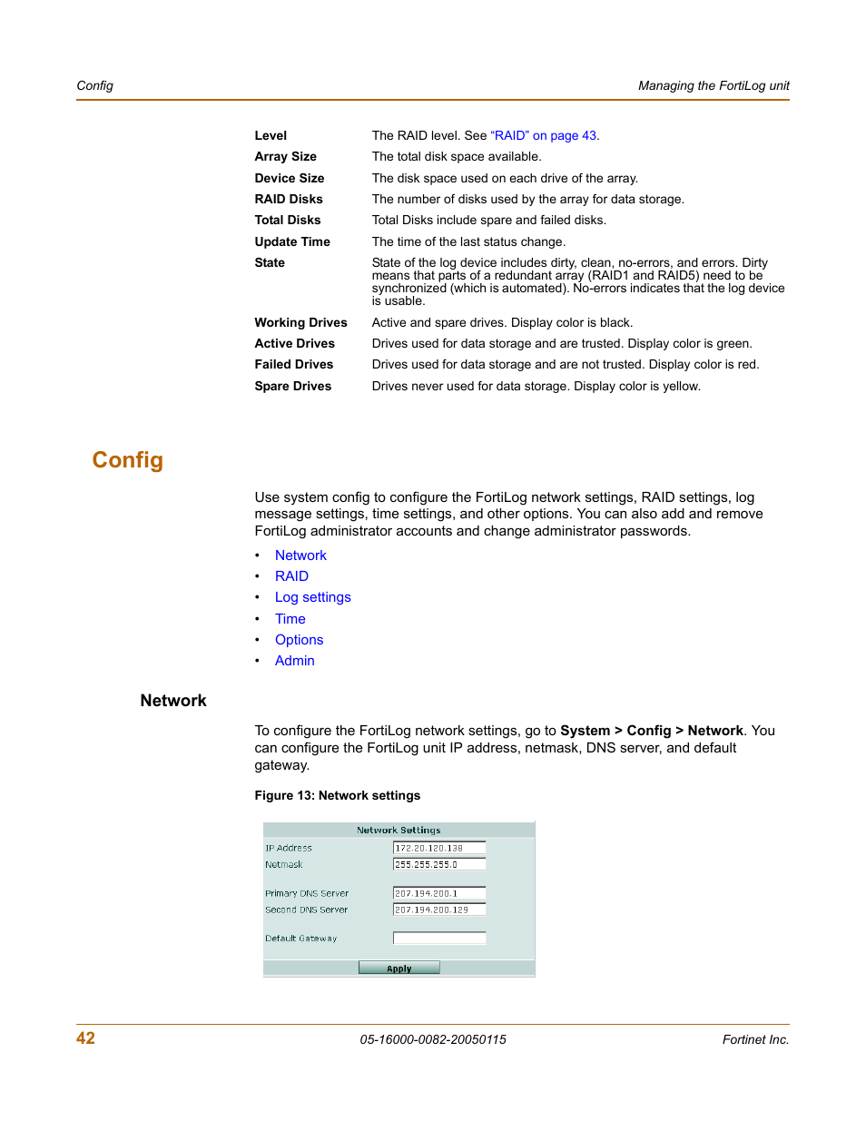 Config, Network | Fortinet FortiLog-400 User Manual | Page 42 / 124