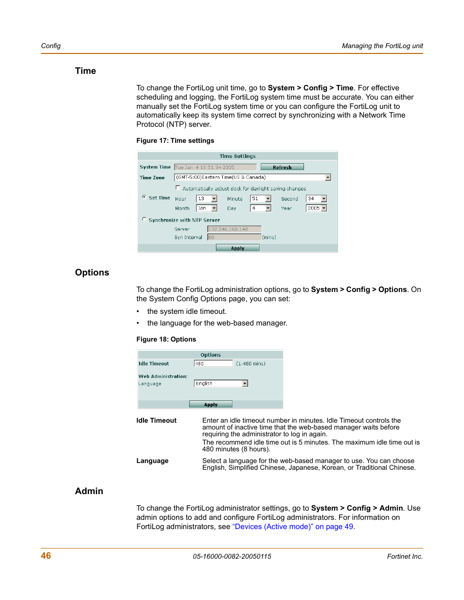 Time, Options, Admin | Time options admin | Fortinet FortiLog-400 User Manual | Page 46 / 124