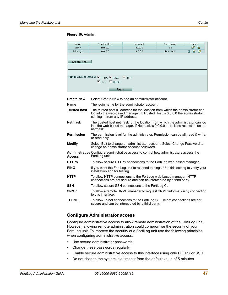 Configure administrator access | Fortinet FortiLog-400 User Manual | Page 47 / 124