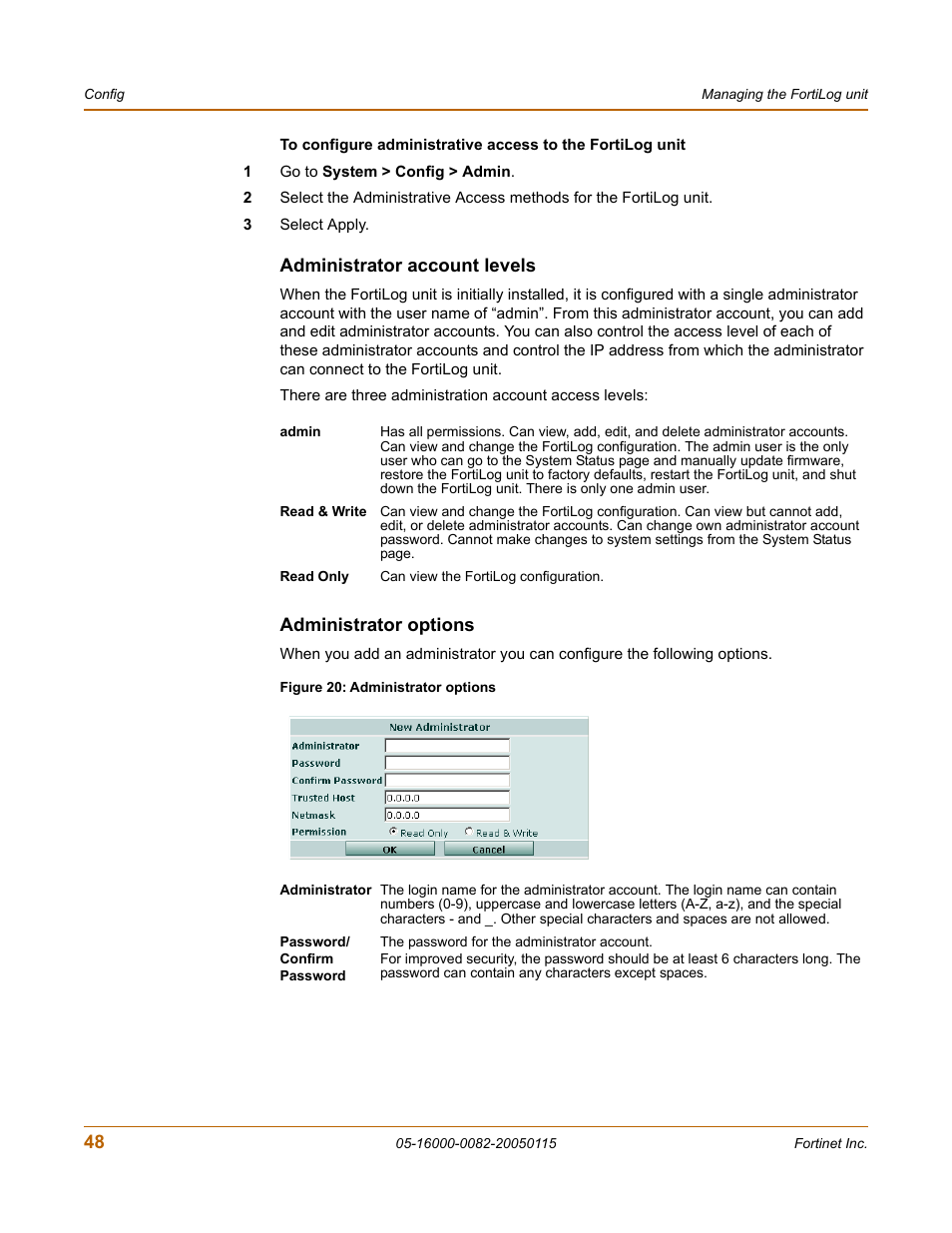 Administrator account levels, Administrator options, Administrator account levels administrator options | Fortinet FortiLog-400 User Manual | Page 48 / 124