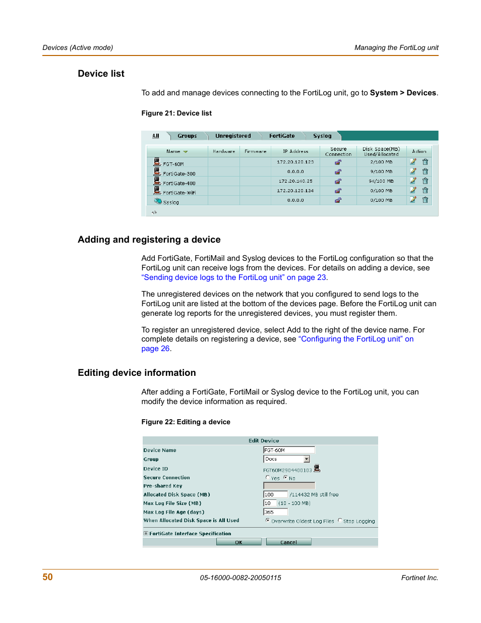 Device list, Adding and registering a device, Editing device information | Fortinet FortiLog-400 User Manual | Page 50 / 124