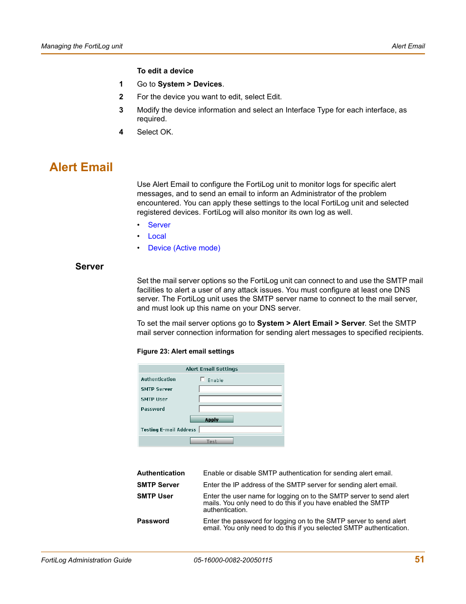 Alert email, Server | Fortinet FortiLog-400 User Manual | Page 51 / 124