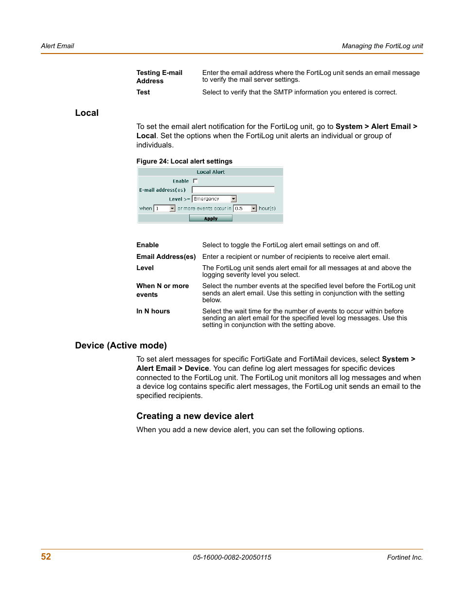 Local, Device (active mode), Creating a new device alert | Local device (active mode) | Fortinet FortiLog-400 User Manual | Page 52 / 124