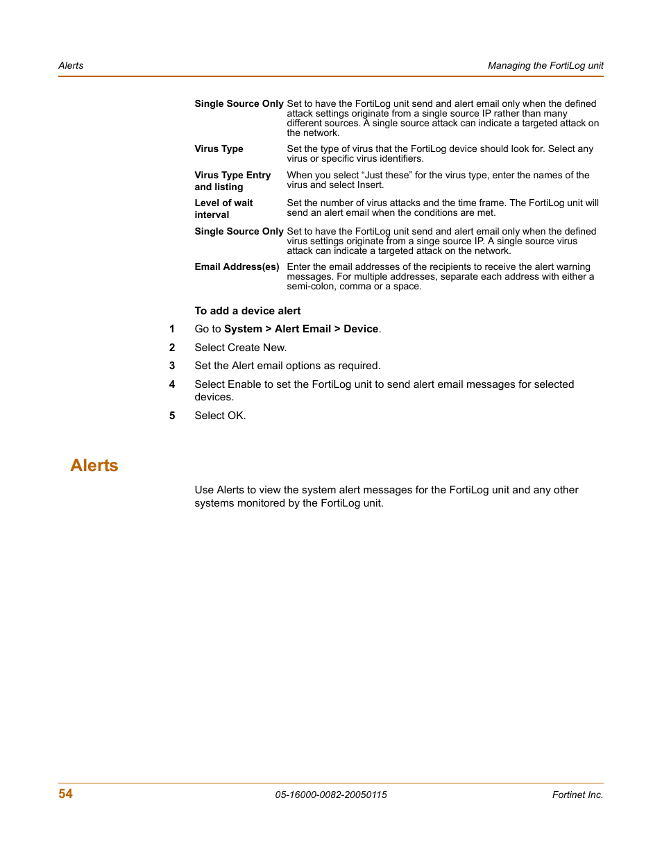 Alerts | Fortinet FortiLog-400 User Manual | Page 54 / 124