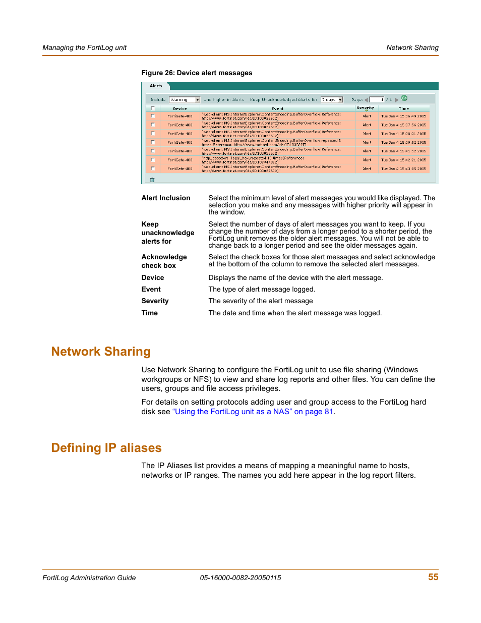 Network sharing, Defining ip aliases, Network sharing defining ip aliases | Fortinet FortiLog-400 User Manual | Page 55 / 124