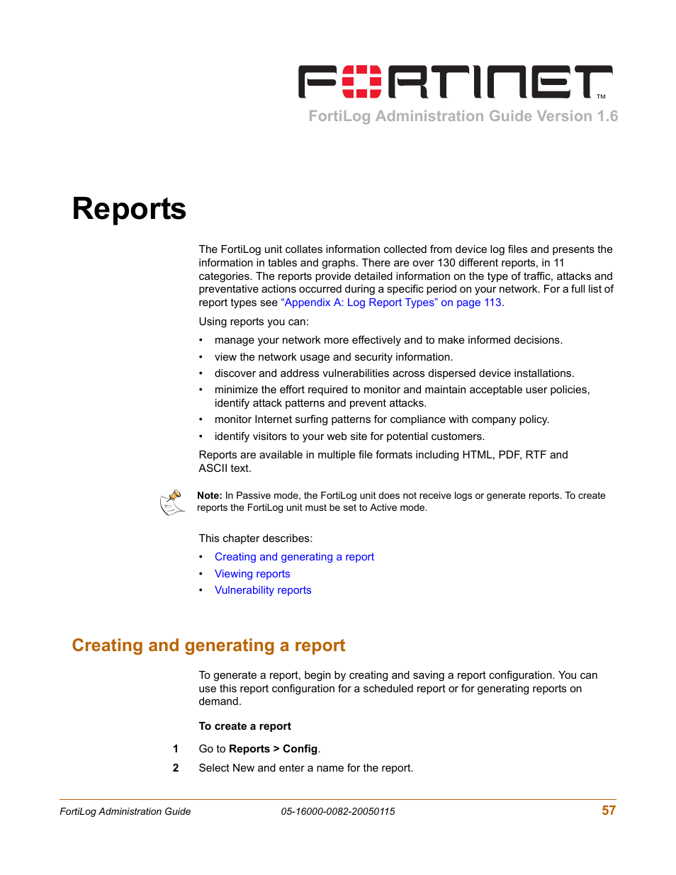 Reports, Creating and generating a report, Fortilog administration guide version 1.6 | Fortinet FortiLog-400 User Manual | Page 57 / 124