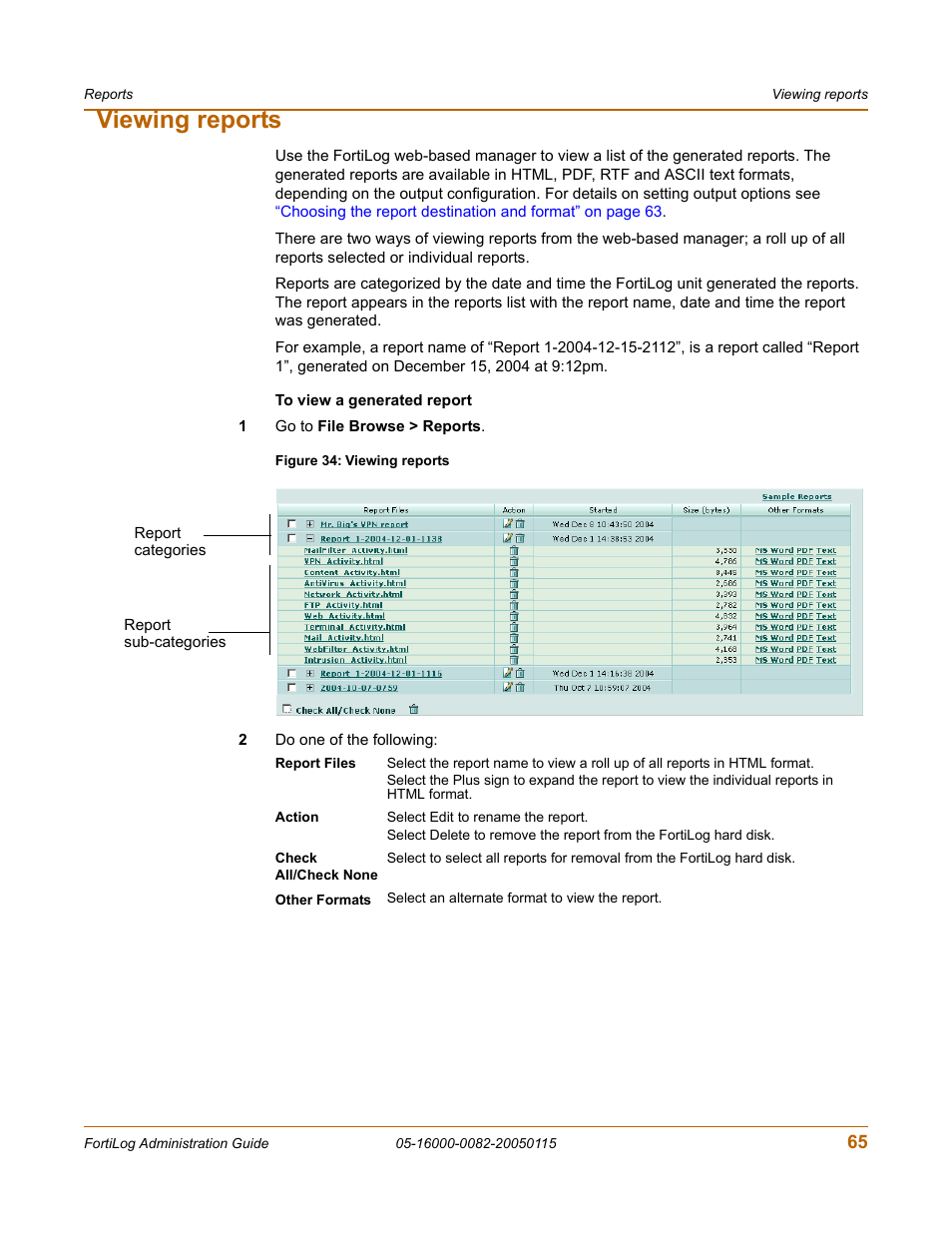 Viewing reports | Fortinet FortiLog-400 User Manual | Page 65 / 124