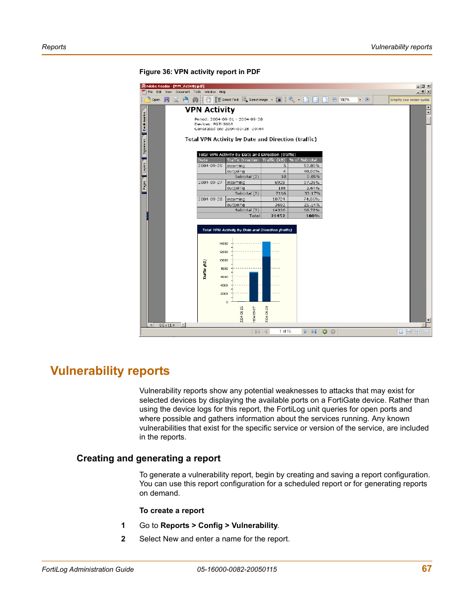 Vulnerability reports, Creating and generating a report | Fortinet FortiLog-400 User Manual | Page 67 / 124