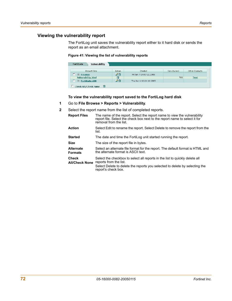 Viewing the vulnerability report | Fortinet FortiLog-400 User Manual | Page 72 / 124