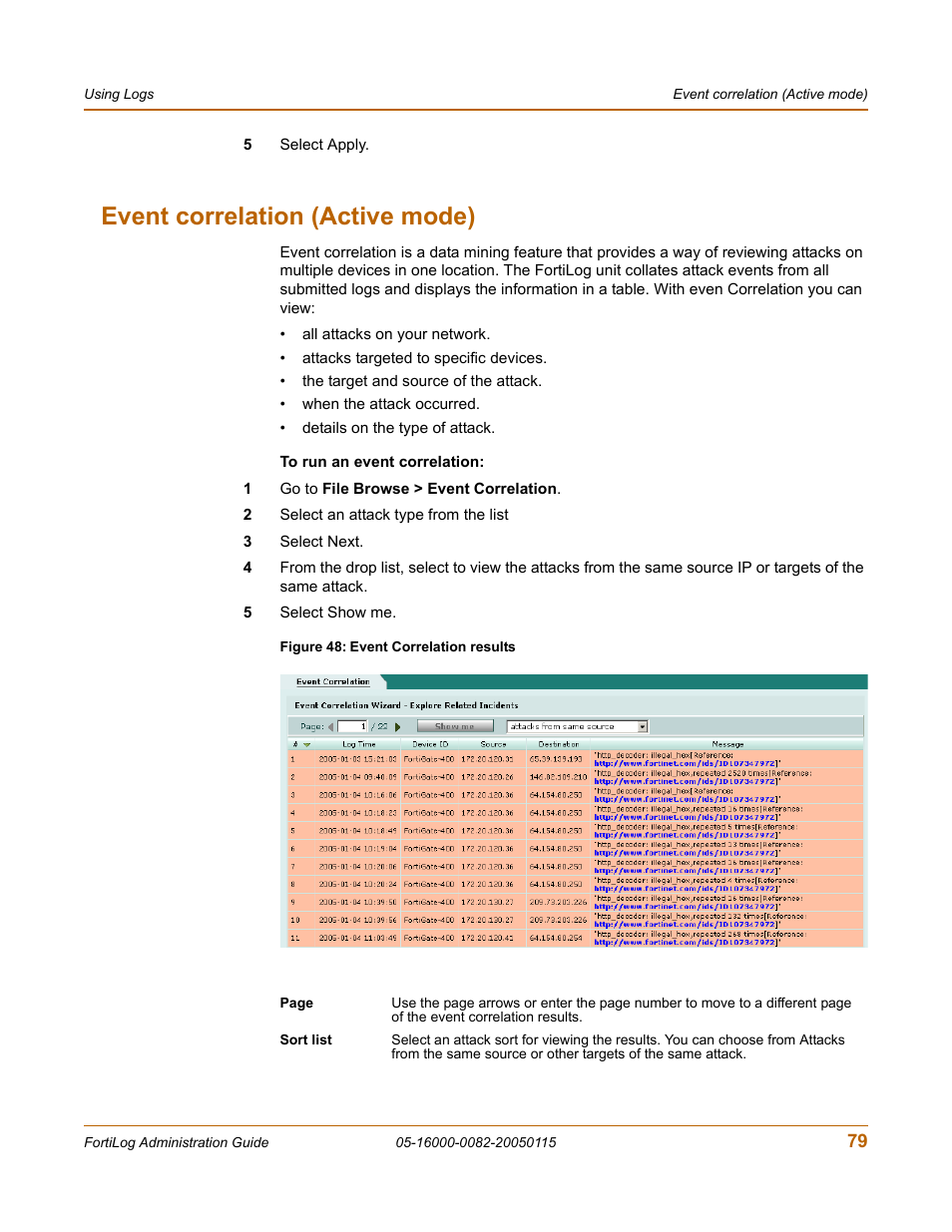 Event correlation (active mode) | Fortinet FortiLog-400 User Manual | Page 79 / 124