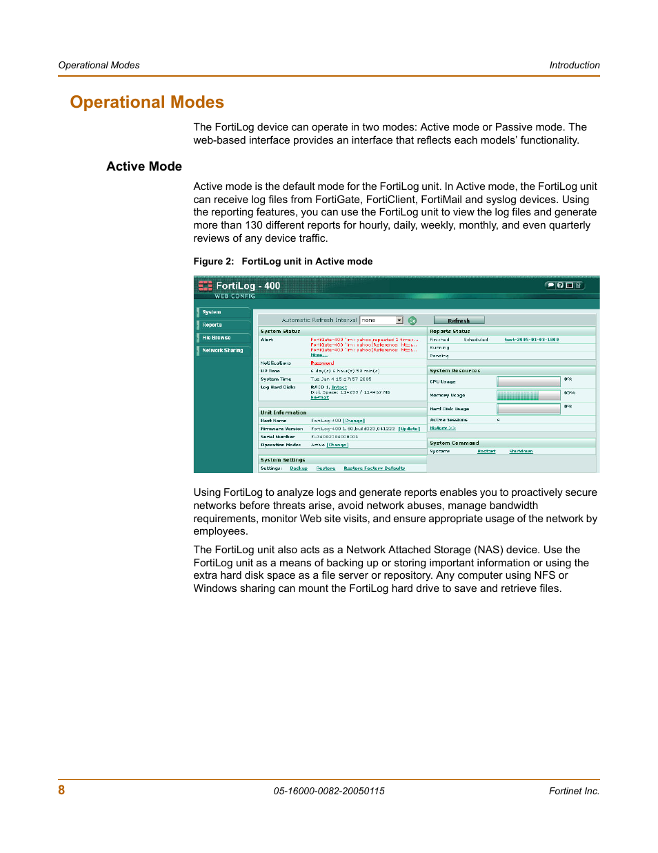 Operational modes, Active mode | Fortinet FortiLog-400 User Manual | Page 8 / 124