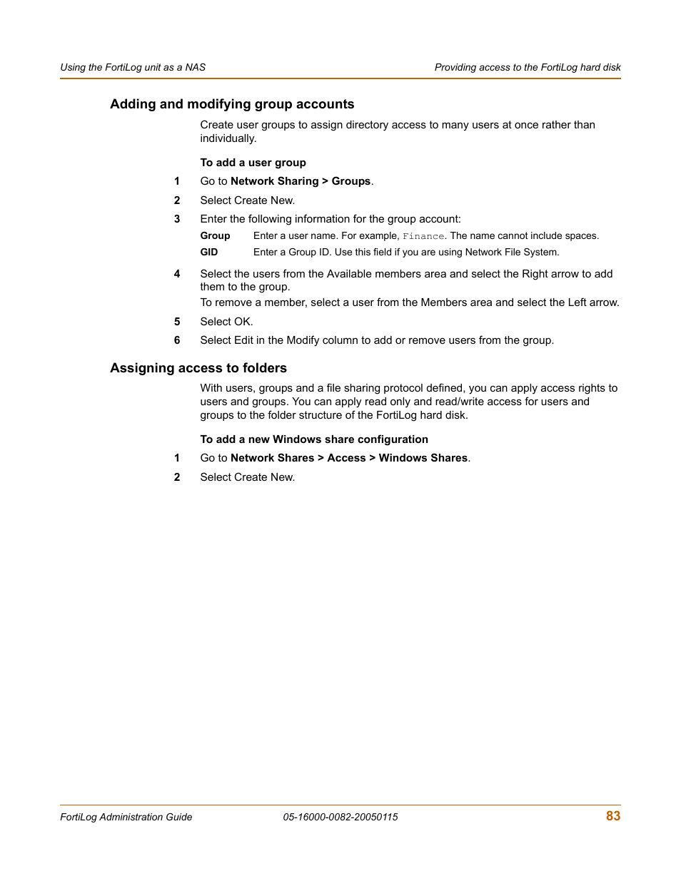 Adding and modifying group accounts, Assigning access to folders | Fortinet FortiLog-400 User Manual | Page 83 / 124