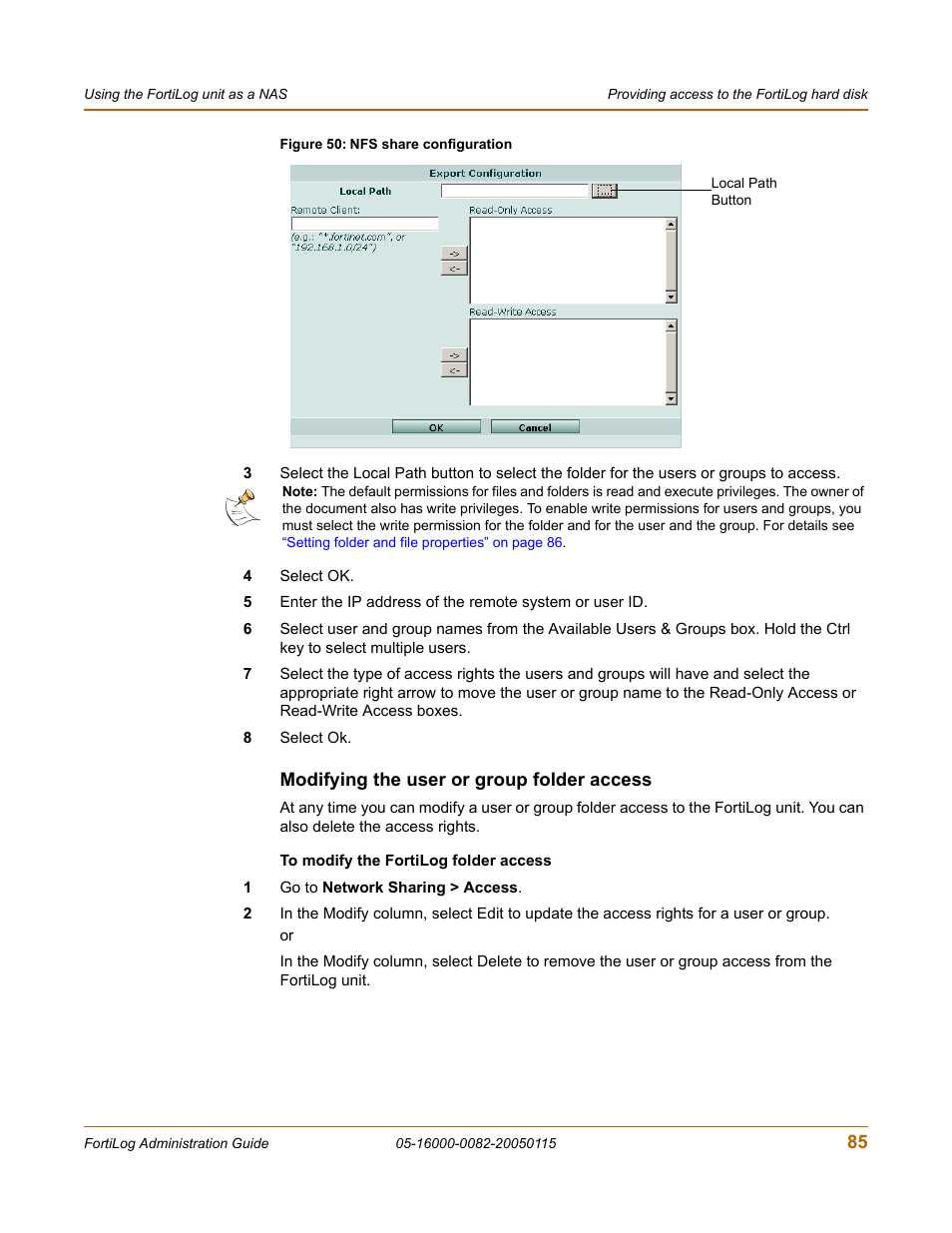 Modifying the user or group folder access | Fortinet FortiLog-400 User Manual | Page 85 / 124