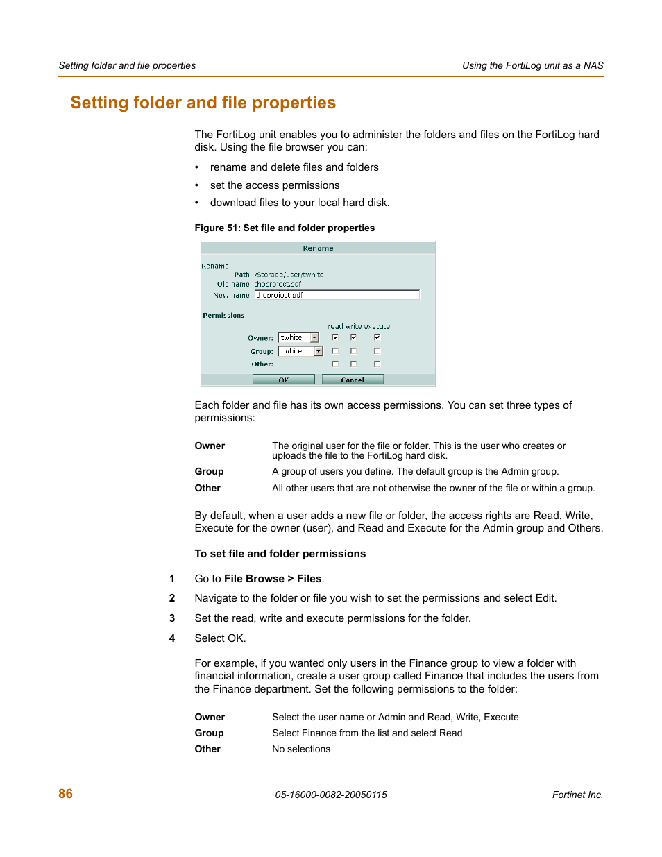 Setting folder and file properties | Fortinet FortiLog-400 User Manual | Page 86 / 124