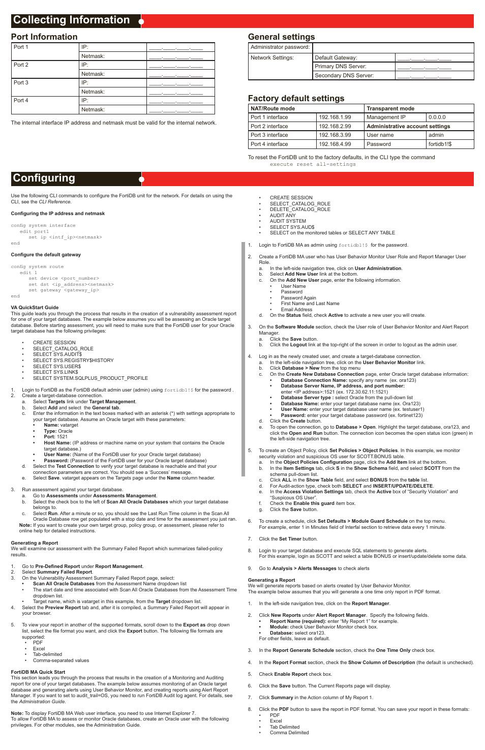 Collecting information configuring, Port information, General settings | Factory default settings | Fortinet FortiAnalyzer FortiDB-400B User Manual | Page 2 / 2