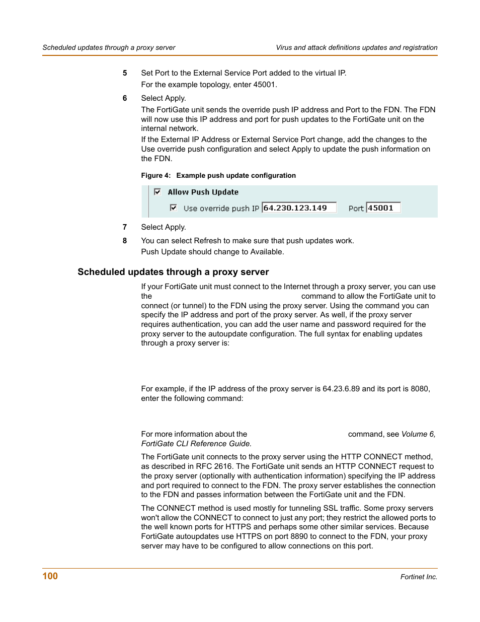 Scheduled updates through a proxy server, Scheduled updates | Fortinet FortiGate 100 User Manual | Page 100 / 272