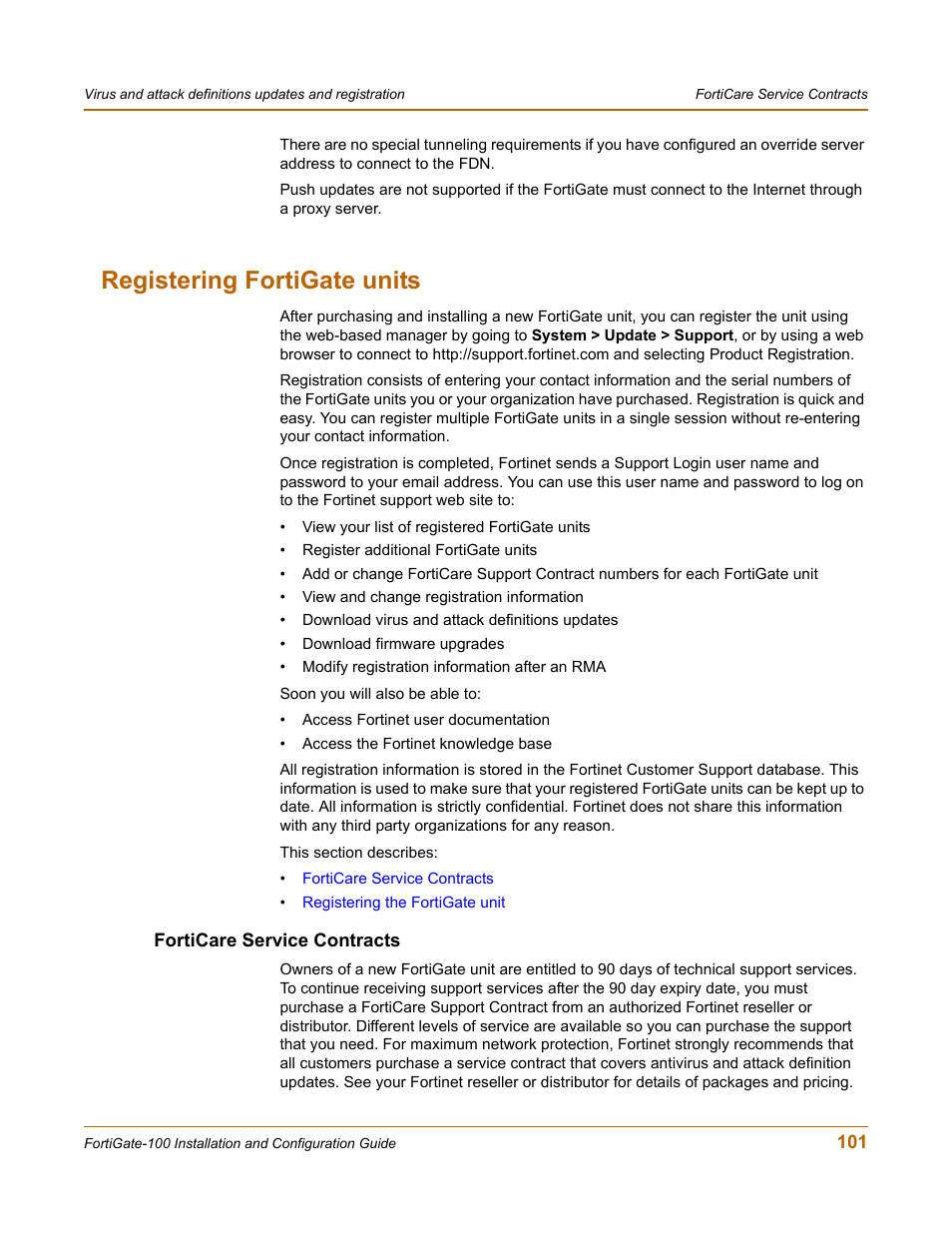 Registering fortigate units, Forticare service contracts, Support resources. see | Registering fortigate units” on | Fortinet FortiGate 100 User Manual | Page 101 / 272