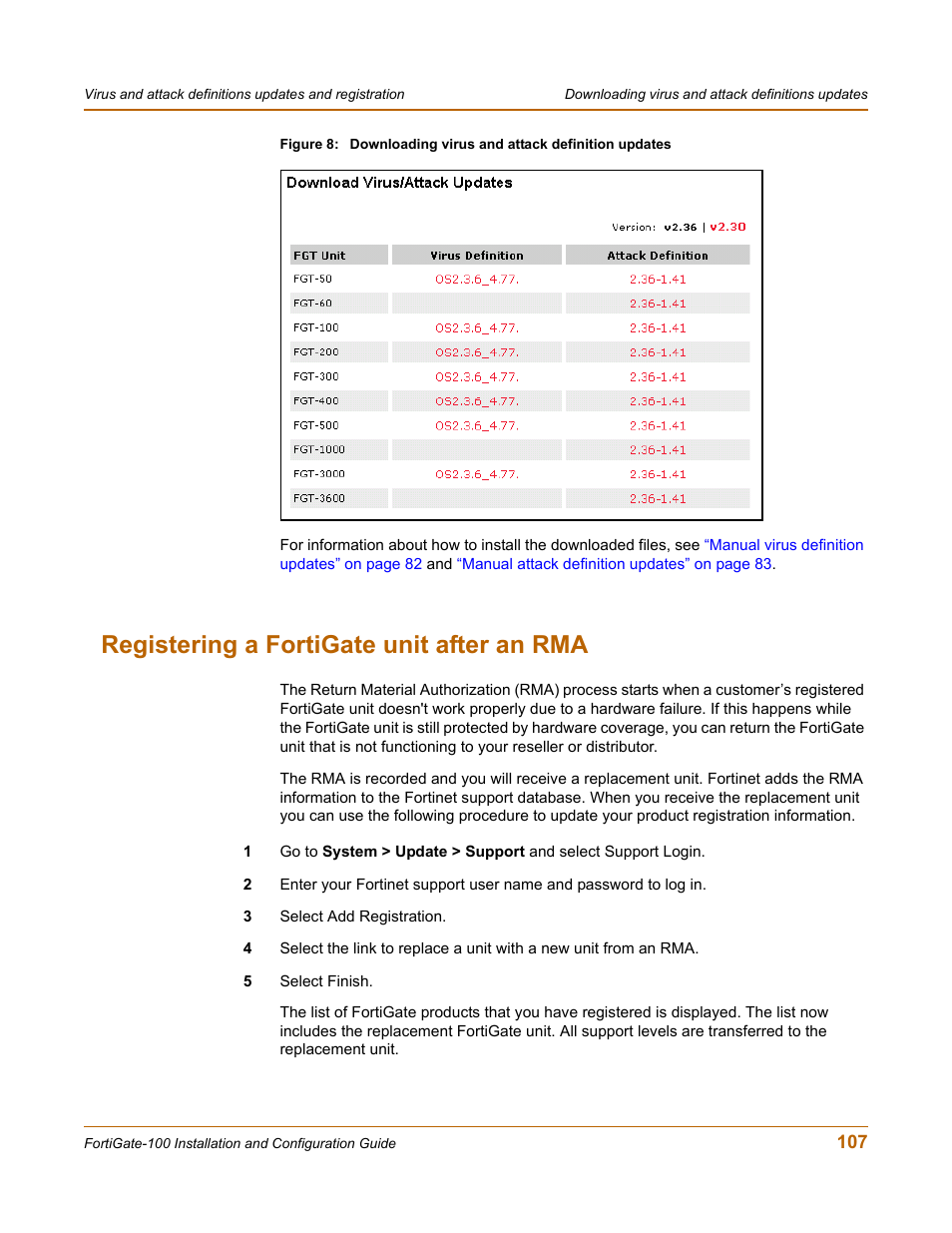 Registering a fortigate unit after an rma | Fortinet FortiGate 100 User Manual | Page 107 / 272