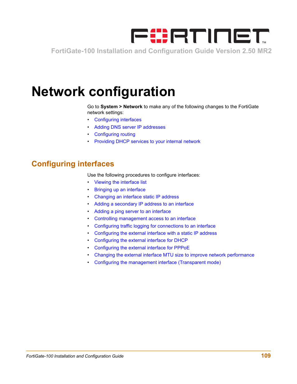 Network configuration, Configuring interfaces | Fortinet FortiGate 100 User Manual | Page 109 / 272