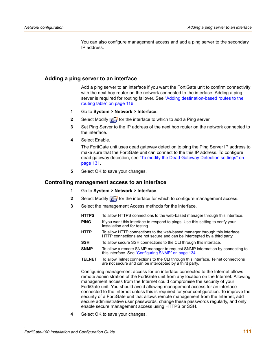 Adding a ping server to an interface, Controlling management access to an interface | Fortinet FortiGate 100 User Manual | Page 111 / 272