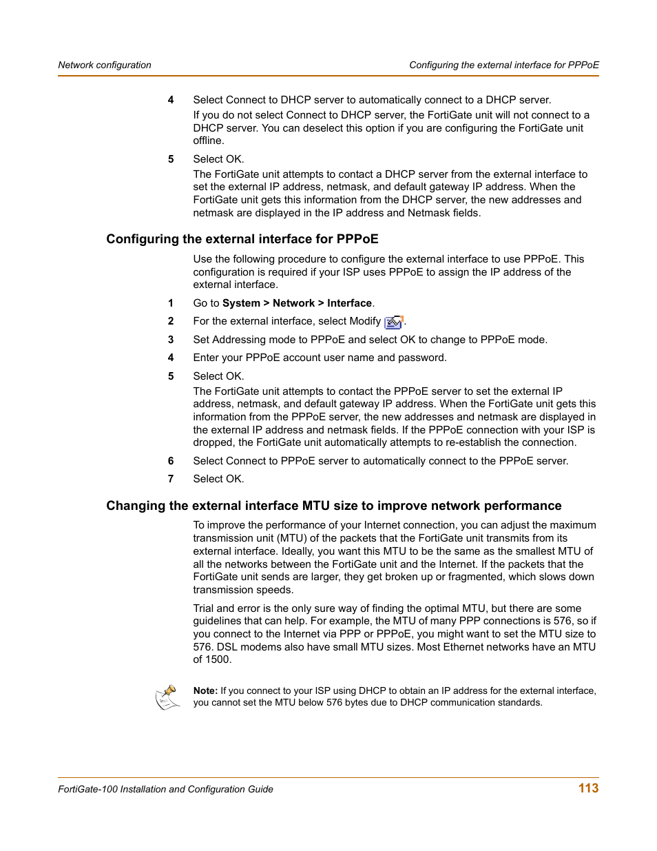 Configuring the external interface for pppoe | Fortinet FortiGate 100 User Manual | Page 113 / 272