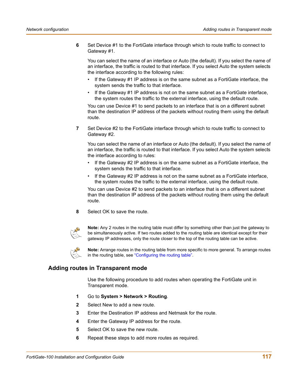 Adding routes in transparent mode | Fortinet FortiGate 100 User Manual | Page 117 / 272