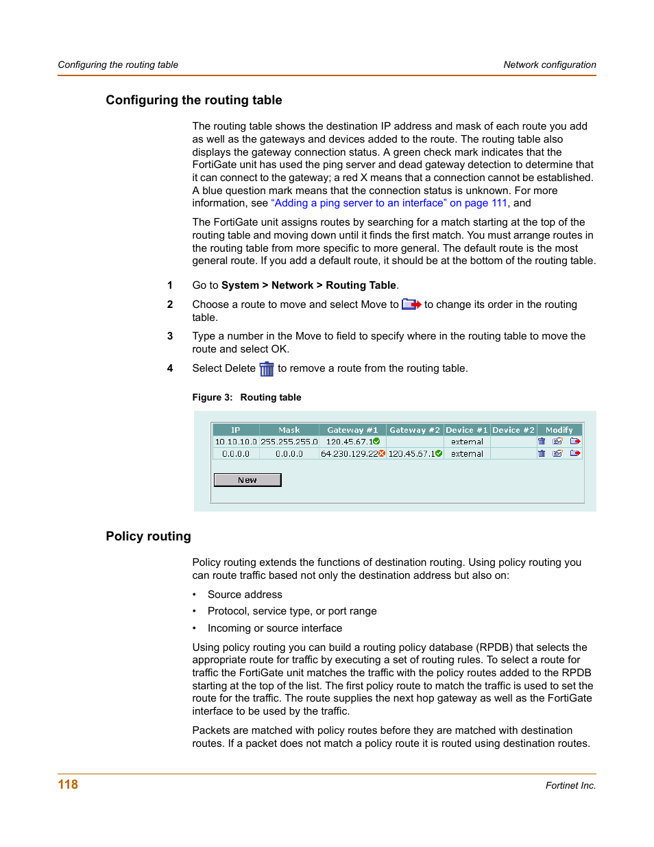 Configuring the routing table, Policy routing, Configuring the routing table policy routing | Fortinet FortiGate 100 User Manual | Page 118 / 272