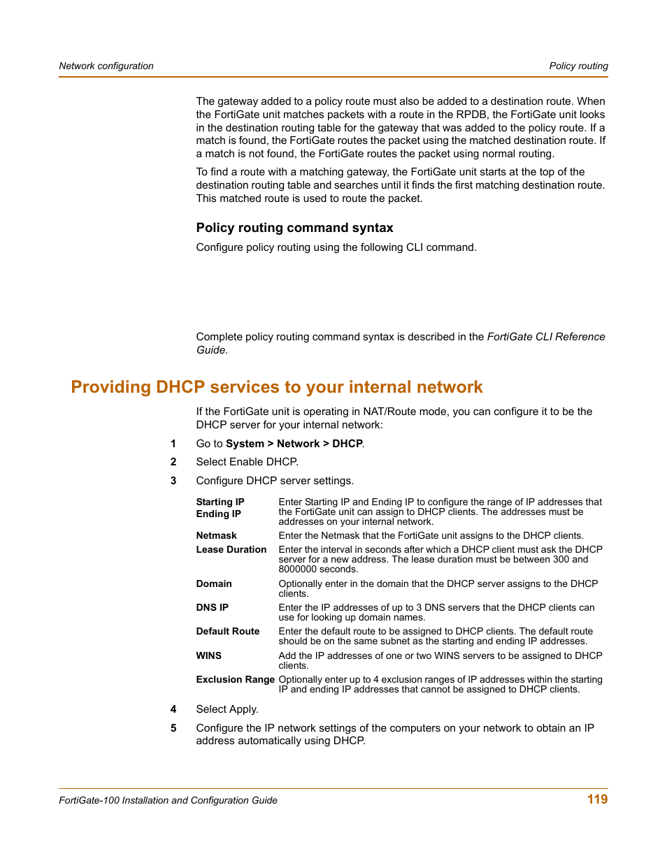 Policy routing command syntax, Providing dhcp services to your internal network | Fortinet FortiGate 100 User Manual | Page 119 / 272