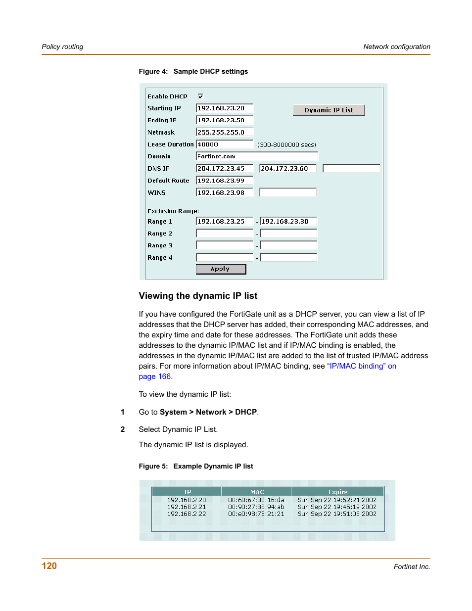 Viewing the dynamic ip list | Fortinet FortiGate 100 User Manual | Page 120 / 272