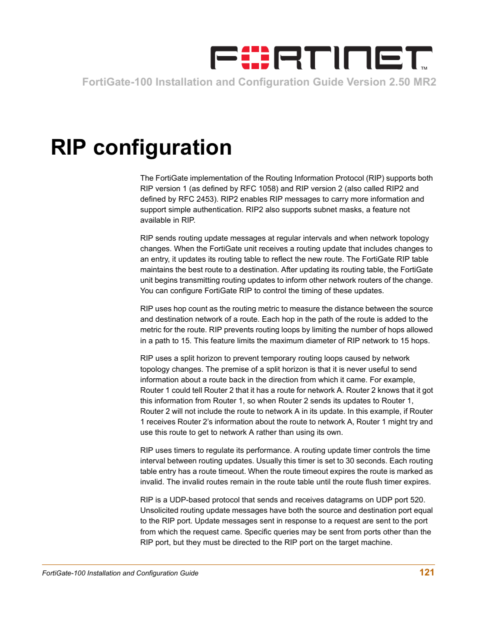 Rip configuration | Fortinet FortiGate 100 User Manual | Page 121 / 272