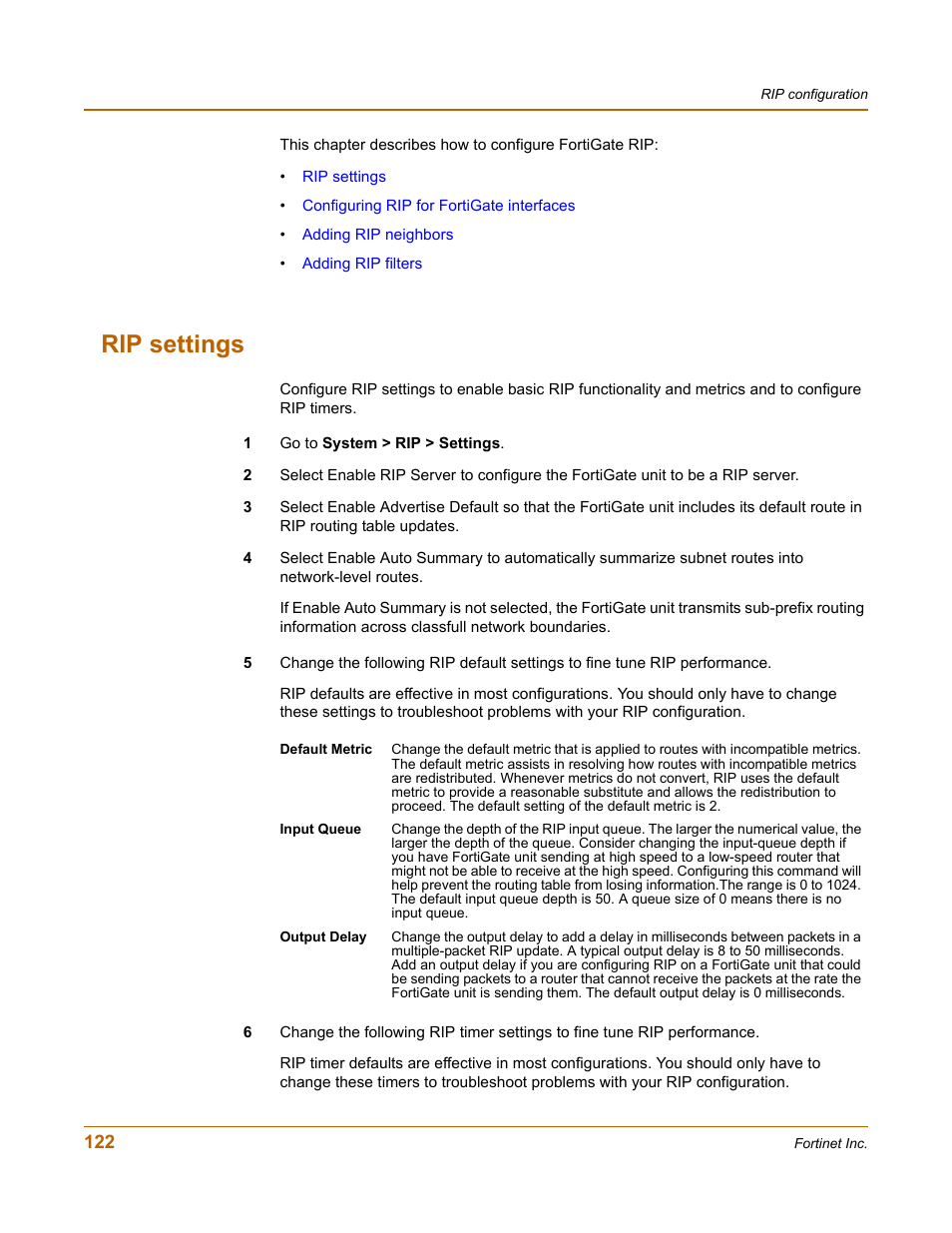 Rip settings | Fortinet FortiGate 100 User Manual | Page 122 / 272