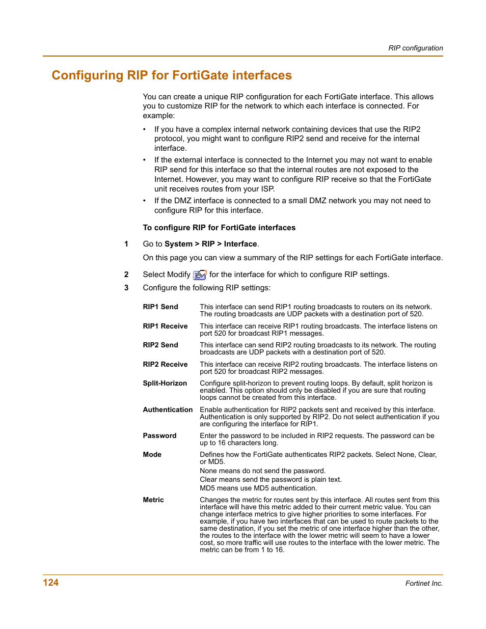 Configuring rip for fortigate interfaces | Fortinet FortiGate 100 User Manual | Page 124 / 272