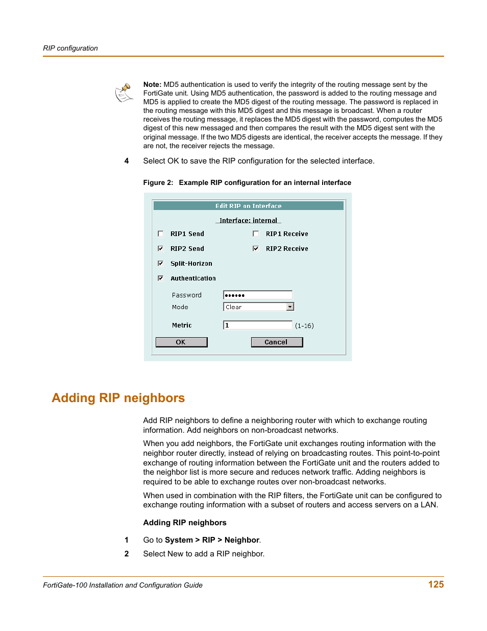 Adding rip neighbors | Fortinet FortiGate 100 User Manual | Page 125 / 272